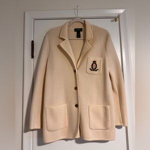 Lauren Ralph Merino Wool Sweater Petite Cream Gold Button Crest Cardigan (Large)